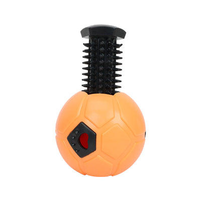 White and black dog toy with a soccer ball base and a textured rod for nibbling and teeth grinding. - Image 8