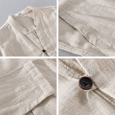Camisa de Lino Ramio Suelta Casual con Cuello de Pie Estilo Nacional - Image 4