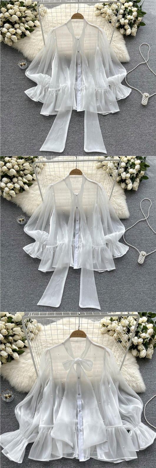 Blusa Elegante con Mangas Acampanadas y Detalle de Moño en Perlas - Image 8