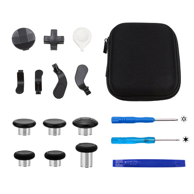 Xbox One Elite Series 2 controller accessory kit with black joysticks, silver D-pads, paddles, screwdrivers, and a storage bag. - Image 12