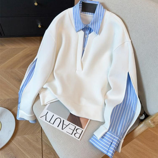 Sudadera Tipo Camisa con Cuello Patchwork y Rayas Superpuestas