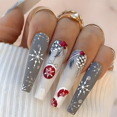 Set de 24 Uñas Postizas Navideñas con Diseños de Sombreros, Rayas y Copos de Nieve - Image 19