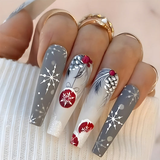 Set de 24 Uñas Postizas Navideñas con Diseños de Sombreros, Rayas y Copos de Nieve - Image 19