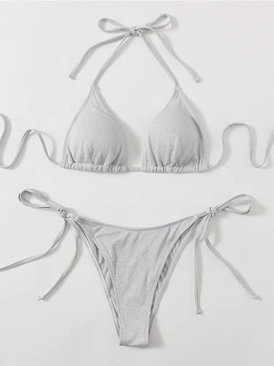 Shimmery blue two-piece bikini swimsuit with a triangle halter top and matching tie-side brief bottoms. - Image 12