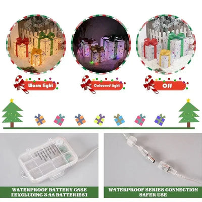 Set 3 Cajas de Regalo Navideñas con Moño Luminoso para Árbol de Navidad
