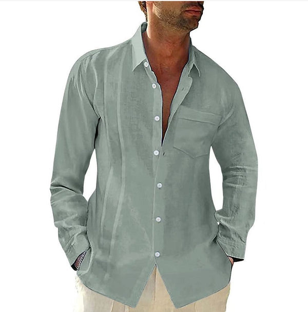 Camisa Casual de Lino y Algodón con Bolsillo en Solapa para Hombre