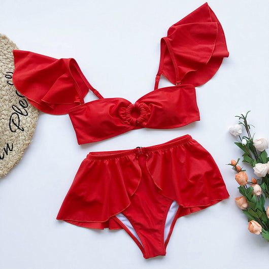 Women's red three-piece bikini flounced swimsuit with an off-shoulder bandeau top and a matching skirt. - Image 6