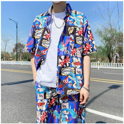 Conjunto de Camisa Floral Manga Corta Ice Silk para Hombre