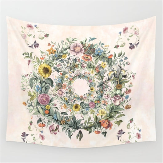 Rectangular tapestry with a vibrant floral wreath design featuring various colorful flowers and green leaves on a light pink background. - Image 2