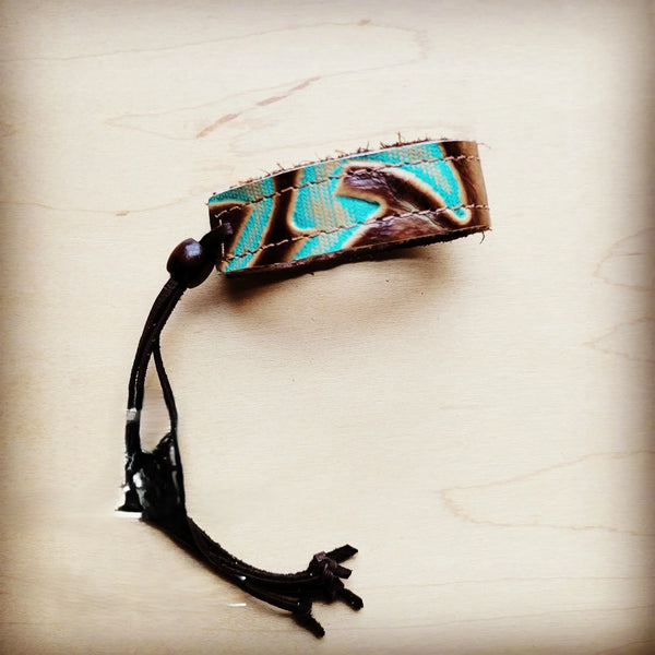 **Narrow Leather Cuff w/ Adjustable Ties Turquoise Laredo 001k