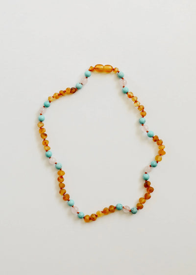Raw Honey Baltic Amber and Natural Turquoise + Rose Quartz || Necklace