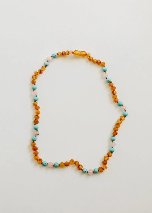 Raw Honey Baltic Amber and Natural Turquoise + Rose Quartz || Necklace
