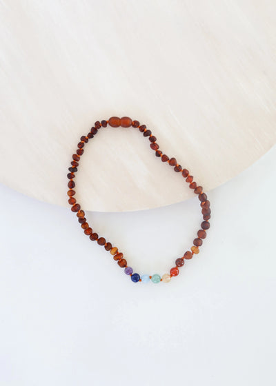 Raw Cognac Baltic Amber + CHAKRA Crystals || Necklace