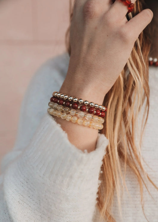 Red Jasper: 14k Gold Filled Sun + Moon || Stretch Bracelets