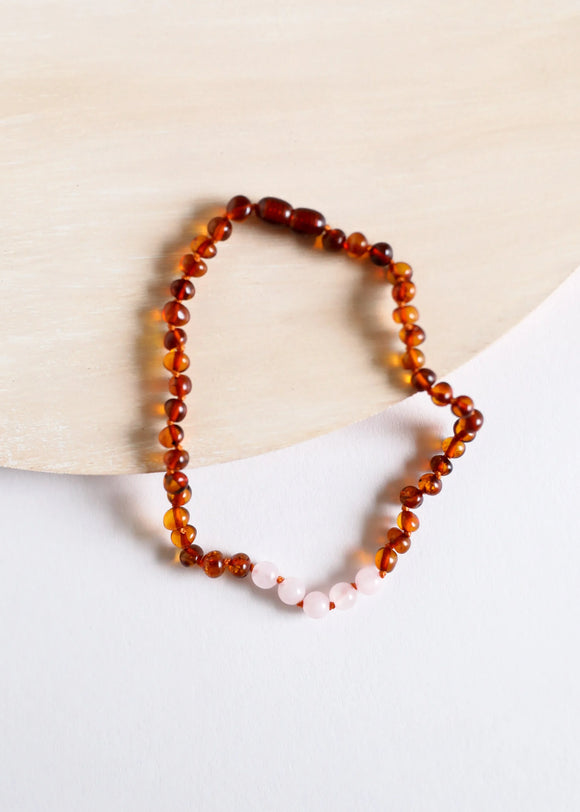 Polished Cognac Baltic Amber + Rose Quartz || Necklace