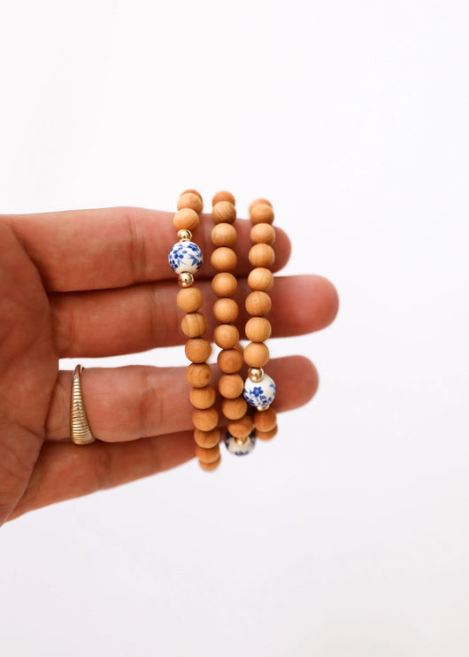 Cypress Wood || 14K Gold Filled + Vintage Flowers || Beaded Bracelet