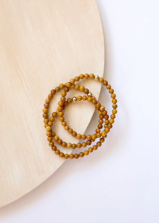 Pulseira elástica de Jaspe Mookaite Dourado Delicado + Ouro 14K