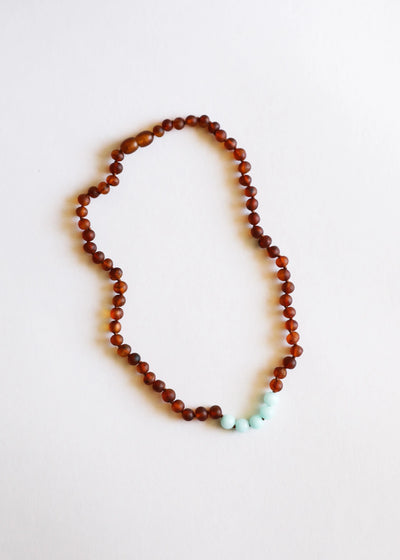 Âmbar Báltico Cognac Bruto + Amazonita || Conjunto de Colar