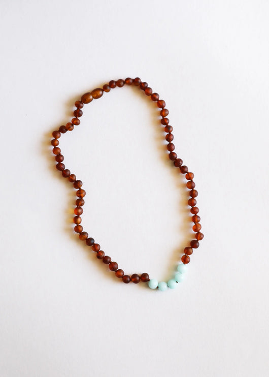 Âmbar Báltico Cognac Bruto + Amazonita || Conjunto de Colar