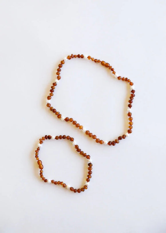 Colar Conjunto de Âmbar Báltico Cognac Bruto + Halo de Pérolas