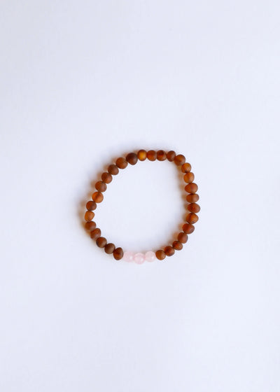 Âmbar Báltico Cognac Bruto + Quartzo Rosa || Pulseira Adulta