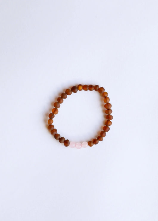 Âmbar Báltico Cognac Bruto + Quartzo Rosa || Pulseira Adulta