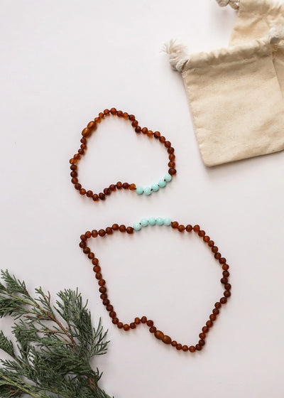 Âmbar Báltico Cognac Bruto + Amazonita || Conjunto de Colar