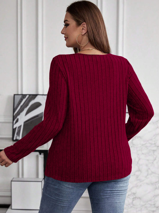 Suéter Tipo Polera Plus Size Cuello V Cruzado Manga Larga Textura Acanalada - Image 14