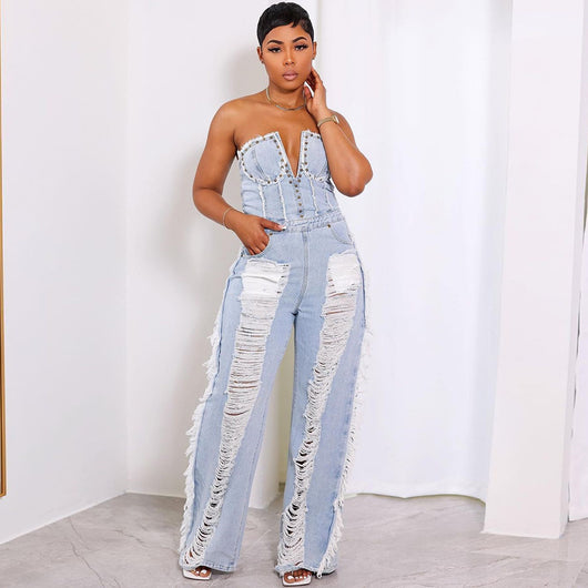 Mono Denim Ajustado con Detalles de Pedrería y Ojales Decorativos - Image 14