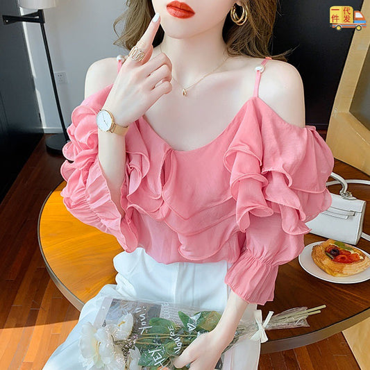 Blusa Chiffon Hombros Descubiertos con Volantes para Mujer
