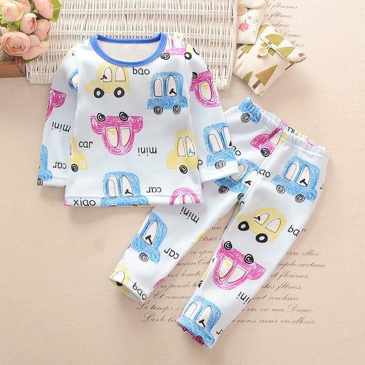 Toddler unisex long-sleeve underwear set with colorful car print in blue, yellow, and pink on a white background. - Image 11