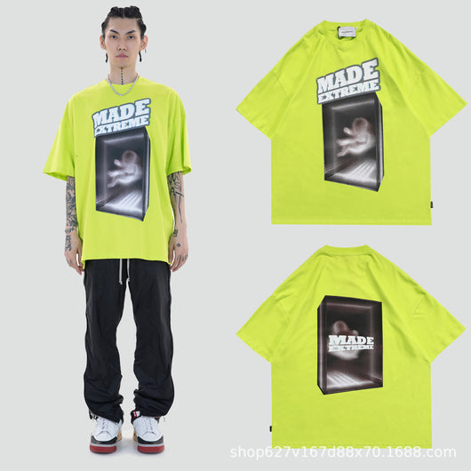 Camiseta Suelta Negra Estampada de Manga Corta - Estilo Verano
