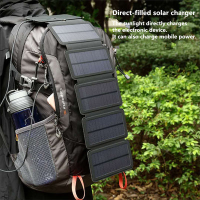 Black portable folding solar panel charger with six panels attached to a backpack in an outdoor setting. - Image 3