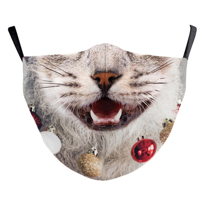 Christmas dust mask with a digital print of red, purple, and gold bokeh lights and white snowflakes, featuring ear hooks. - Image 19