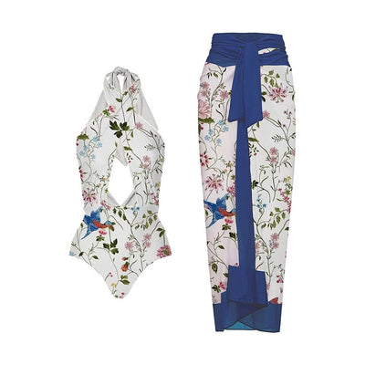 White one-piece swimsuit with red rose print and matching sarong skirt with red tie waist. - Image 11