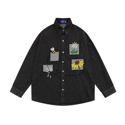 Camisa Denim con Bordado Floral - Abrigo Casual Manga Larga Cuello Polo - Image 5