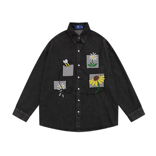 Camisa Denim con Bordado Floral - Abrigo Casual Manga Larga Cuello Polo - Image 5