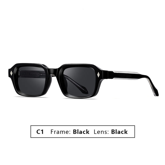 Black square-frame sunglasses with dark lenses and small silver diamond accents on the temples. - Image 3