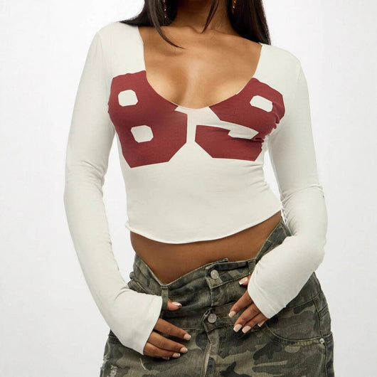 Blusa Estampada Ajustada de Cuello en U y Manga Corta