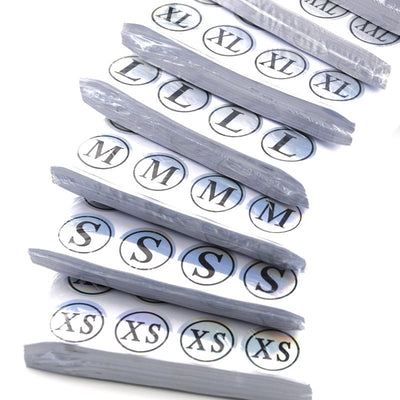 Stack of round clothing size stickers with laser color-changing background and black text, from XS to 4XL. - Image 15