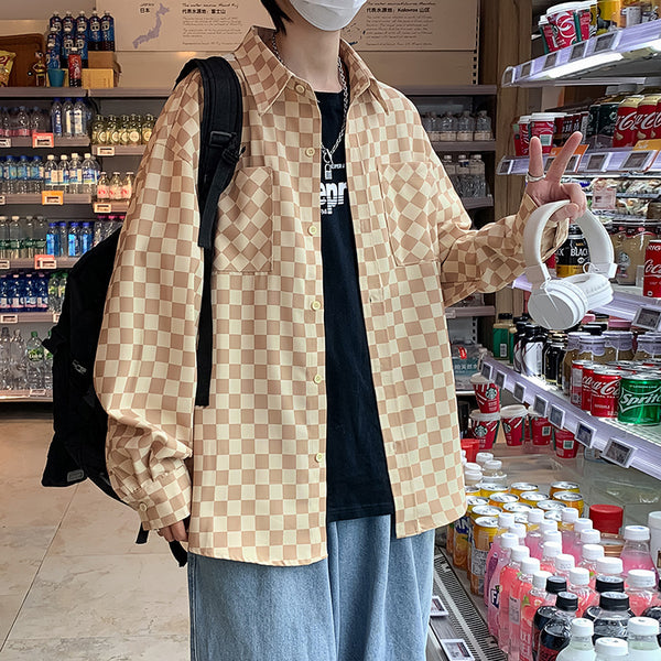 Camisa Suelta Estilo Japonés a Cuadros para Hombre - Manga Larga Primavera