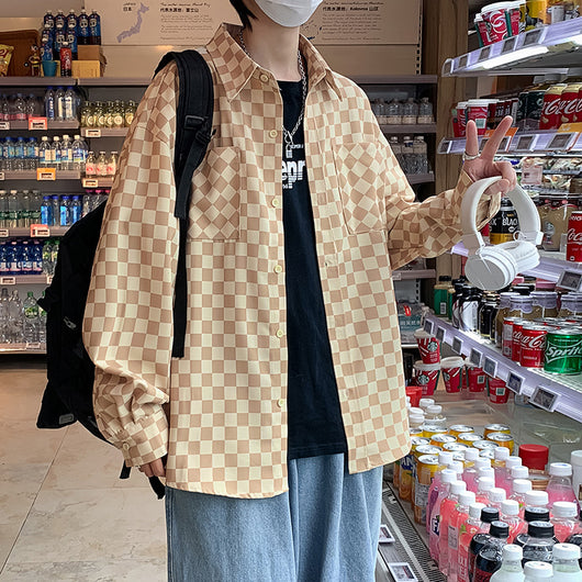 Camisa Suelta Estilo Japonés a Cuadros para Hombre - Manga Larga Primavera