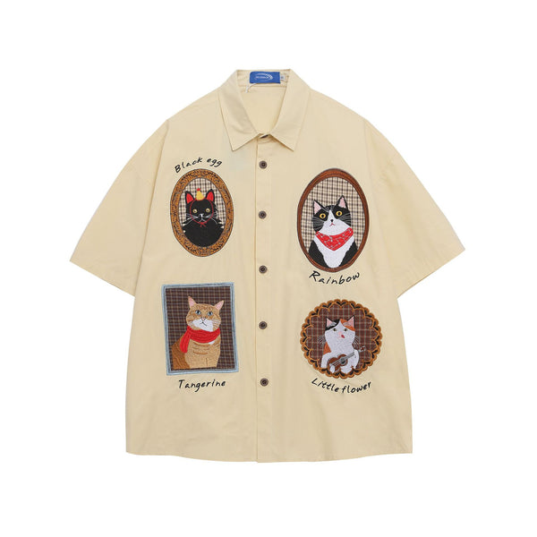 Playera Holgada con Bordado de Gato Estilo Vintage Manga Corta - Image 6