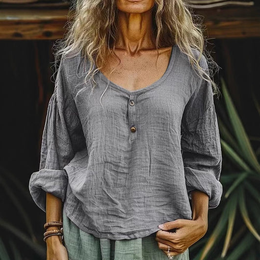 Blusa Lino Suelta Casual Manga Larga Color Sólido para Mujer - Image 3