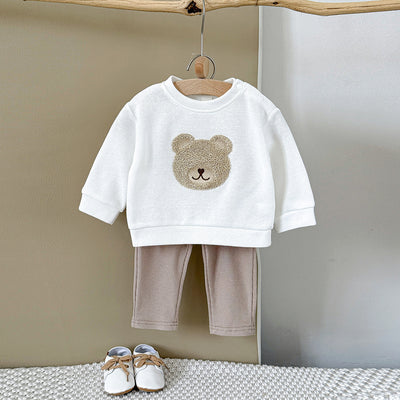 White long-sleeve baby hoodie with a brown bear print and matching ribbed beige sweatpants set. - Image 6