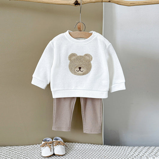 White long-sleeve baby hoodie with a brown bear print and matching ribbed beige sweatpants set. - Image 6