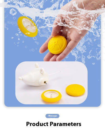 Yellow and white remote control electric mouse toy for cats, shown with its black remote and white charging cable. - Image 9