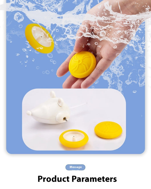 Yellow and white remote control electric mouse toy for cats, shown with its black remote and white charging cable. - Image 9
