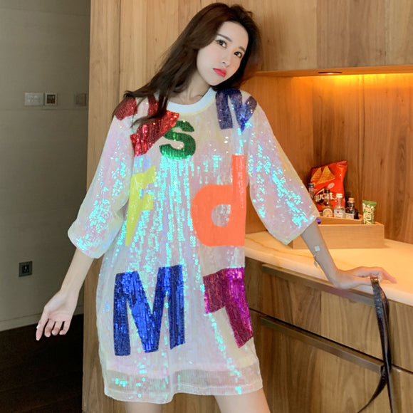 Camiseta Suelta con Lentejuelas y Letras para Mujer