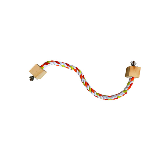 Colorful braided rope bird toy with wooden blocks and metal fasteners, forming a circular swing or climbing perch. - Image 12